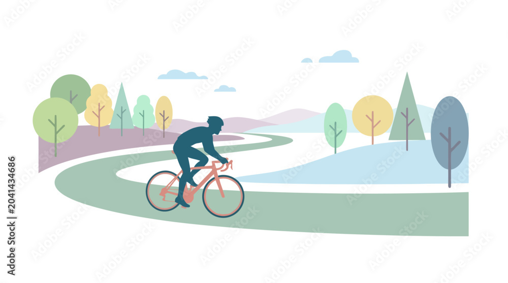 Fototapeta premium Cyclist riding scenic path through calming park, flat design illustration
