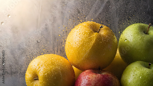 Fresh Yellow Green and Red Apples with Water Drops on Dark Background
