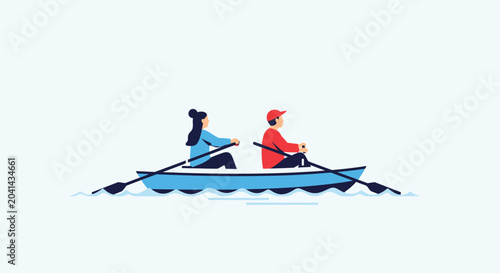 Two People Rowing Boat, Flat Design Illustration
