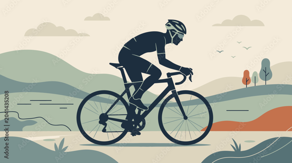 Fototapeta premium Cyclist riding bike on hilly road graphic