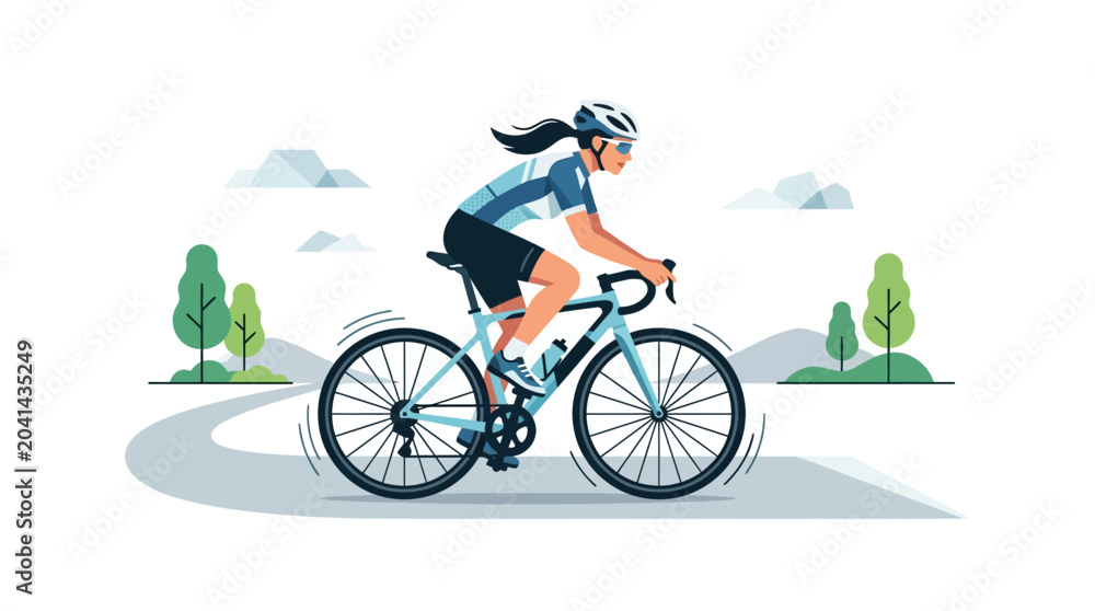 Fototapeta premium Cyclist riding bike on road, cartoon illustration, activity