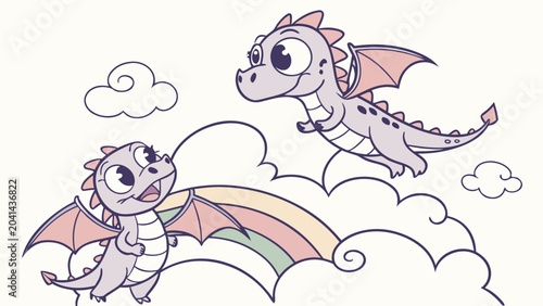 Cute Baby Dragons Flying in the Sky with Rainbow and Clouds