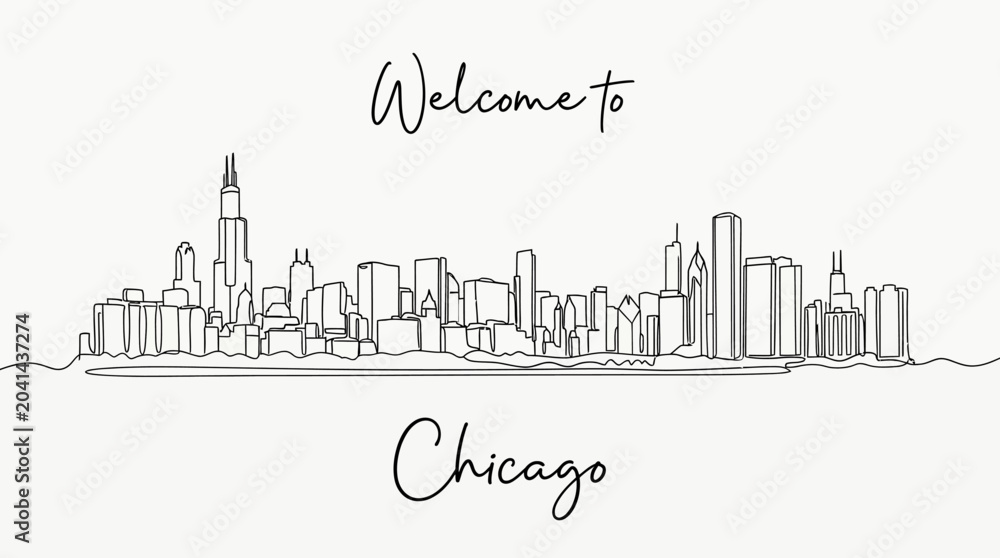 Fototapeta premium Chicago City Skyline Line Art Illustration - Welcome Cityscape