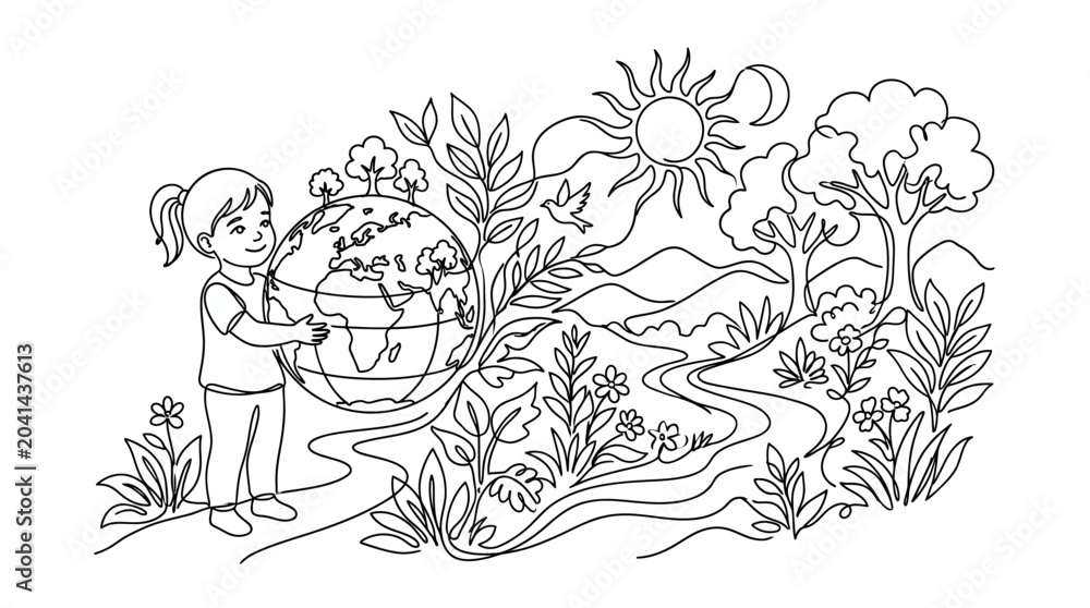 Fototapeta premium Earth protection sketch, girl hugging globe in nature