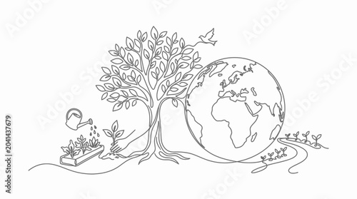 Eco-friendly line art illustration: nurturing nature and global well-being