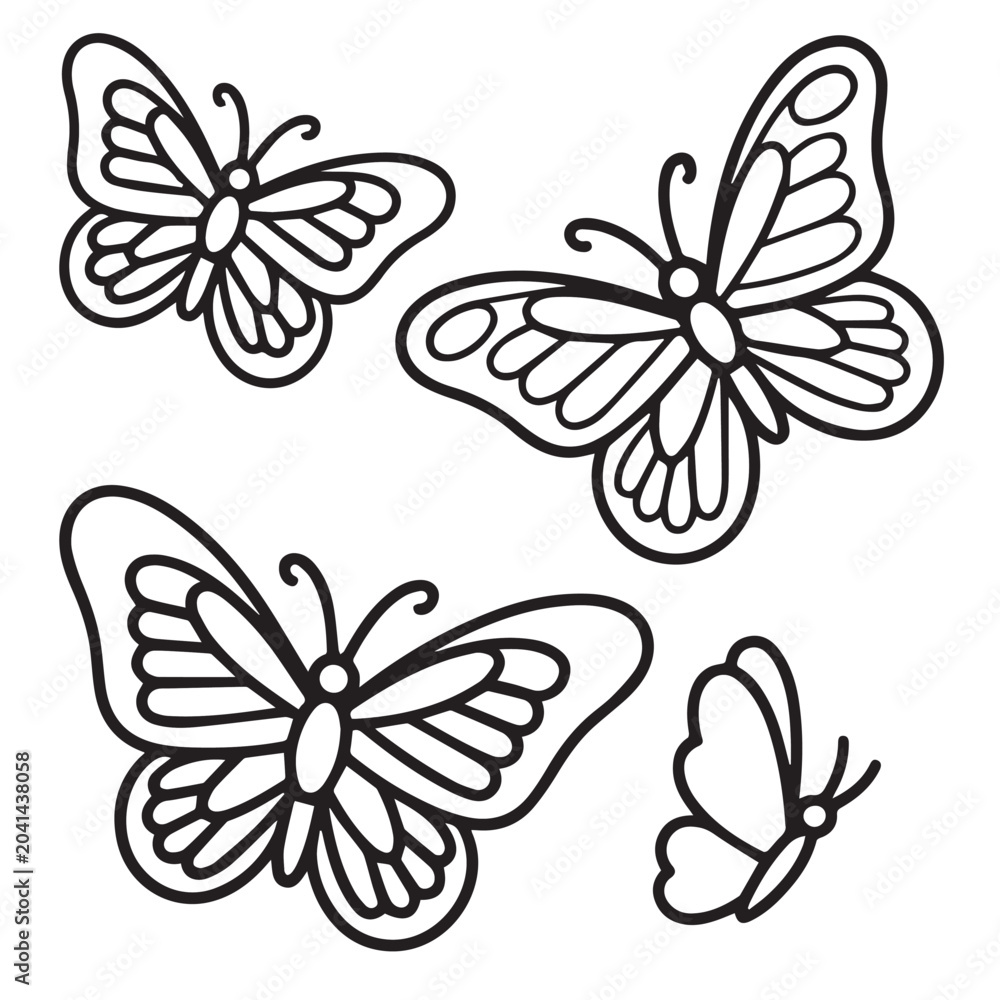Fototapeta premium Four simple black and white butterfly illustrations