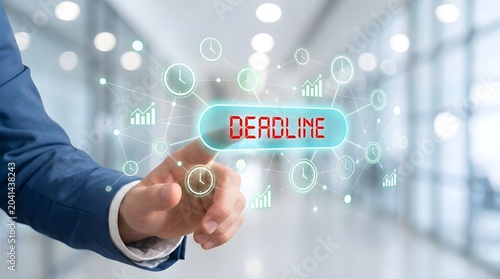 Business professional pressing deadline button with digital clock hologram in modern office