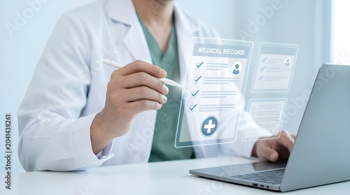 Female Doctor Using Laptop While Holding Coffee Cup in Medical Office