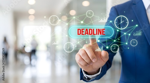 Business professional pressing deadline button with digital clock icons in modern office setting