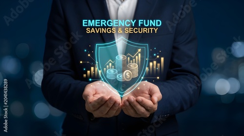 Hand Holding Digital Emergency Fund Savings Security Concept with Glowing Icons
