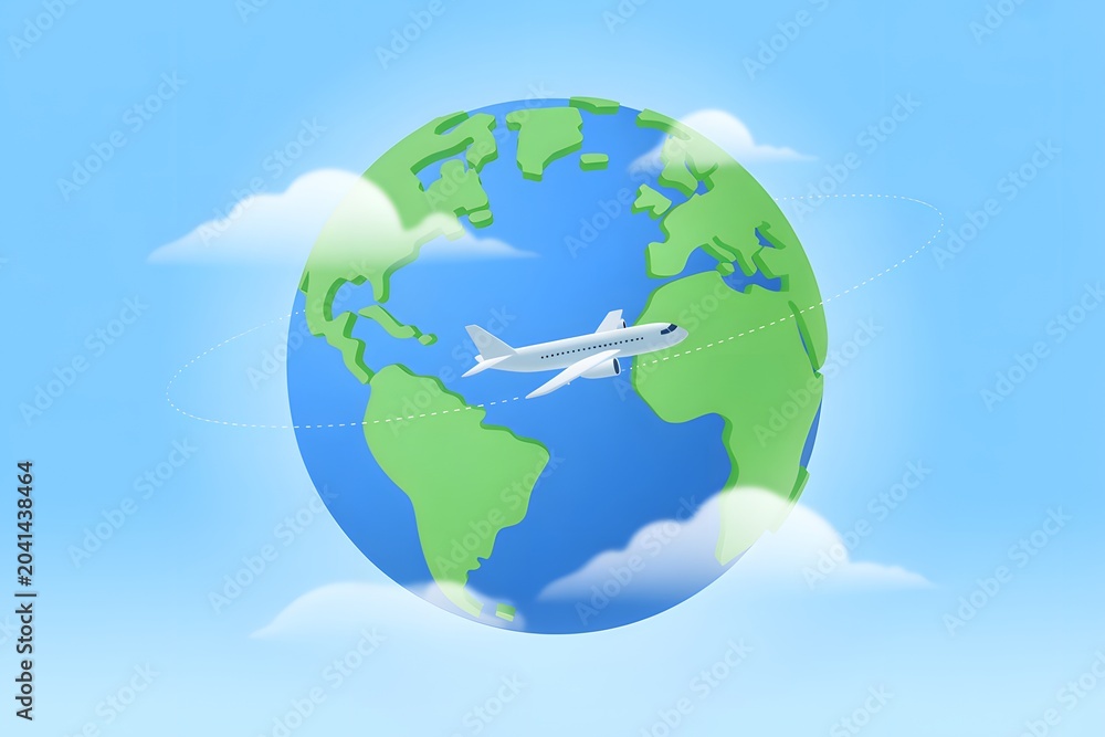 Fototapeta premium Airplane flying around green and blue globe with clouds