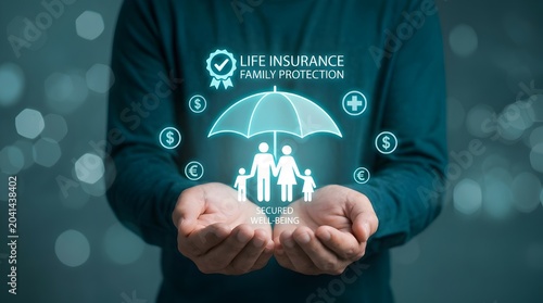 Hands holding digital family protection icon with health insurance concept hologram