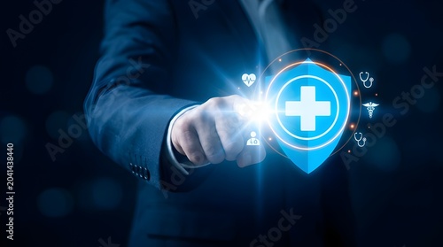 Hand holding glowing blue plus sign icon in dark futuristic digital setting