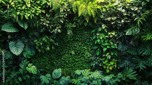 Lush vertical garden wall densely packed with broad tropical leaves and vines
