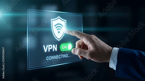 Hand Activating VPN Connection on Digital Shield Interface with Secure Network Background