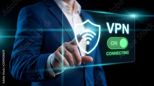 Business professional holding tablet with secure VPN connection shield icon in digital cybersecurity setting