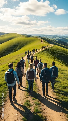 Group of hikers walking on a scenic trail through rolling green hills under a blue sky with clouds.
