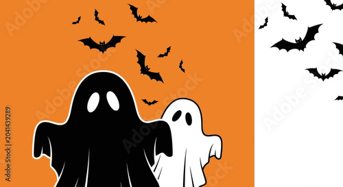 Принти на полотні Halloween Ghosts with Bats on Orange Background