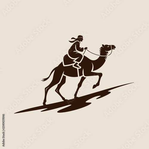 Valokuva Minimal luxury logo of a Bedouin nomadic rider on a camel running up a desert sand dune, the camel captured mid-gallop with extended legs as it climbs the slope of the dune