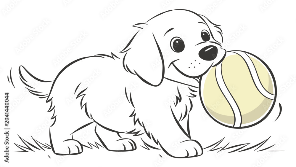 Fototapeta premium Cute Cartoon Puppy Holding a Tennis Ball Vector Illustration