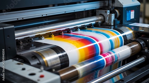 Industrial printing machine producing colorful print materials in factory