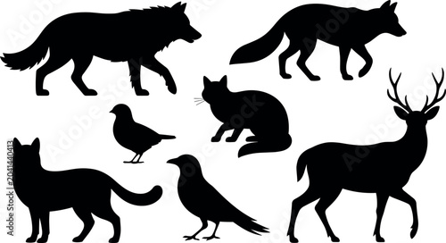 Photography Black silhouette collection of wild animals and birds including wolf fox deer ca