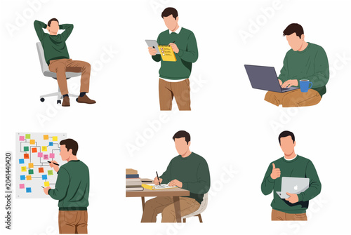 Set of male professional illustrations working, brainstorming on whiteboard, using laptop, and planning tasks