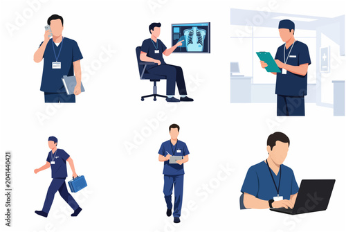 Flat vector illustration set of a male nurse or medical professional performing various clinical tasks and hospital duties