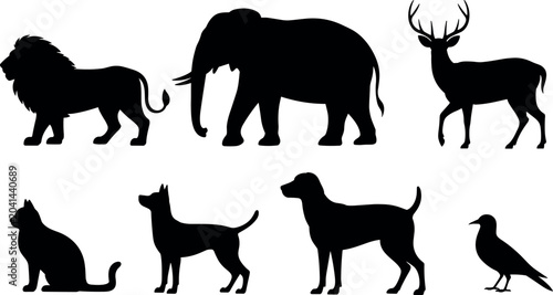 Canvas Print Wild and domestic animals silhouette set including lion elephant deer cat dog an