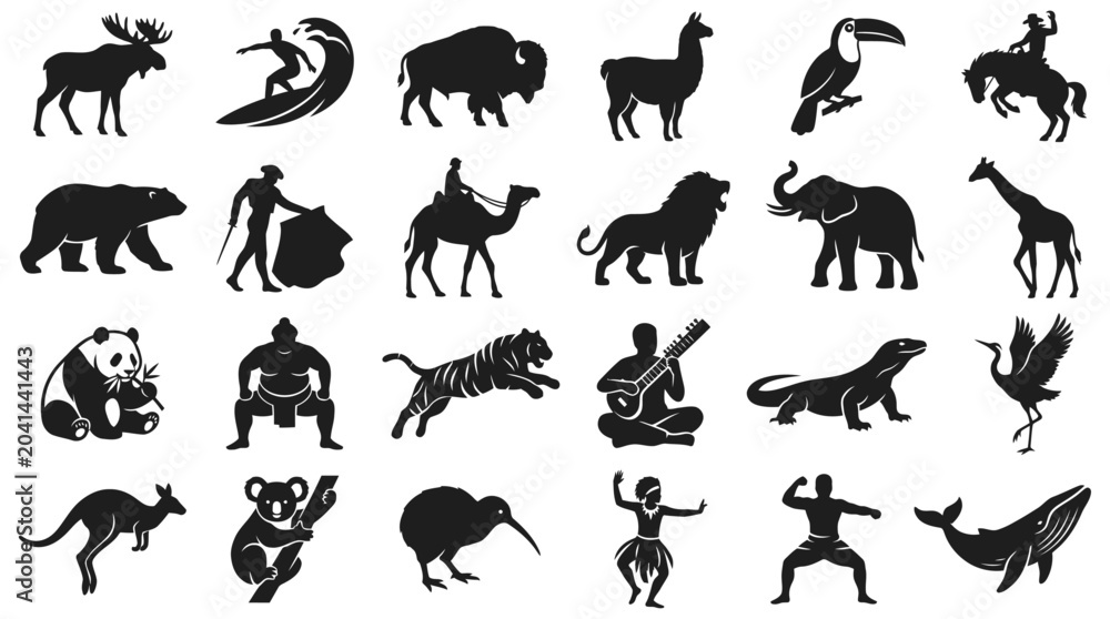 Obraz premium Collection of diverse animal and human silhouette illustrations for creative design projects and iconography