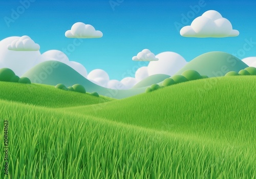 Rolling green hills under a bright blue sky with fluffy white cartoon clouds