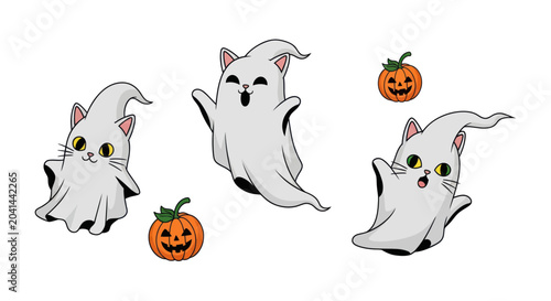 Foto Three white cats in Halloween costumes.