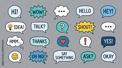 Comic speech bubbles set, various text, messages and expressions