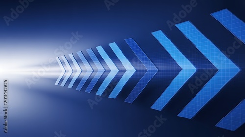 A futuristic abstract background showcases a row of blue arrows pointing rightward with radiant light emanating from the left side.