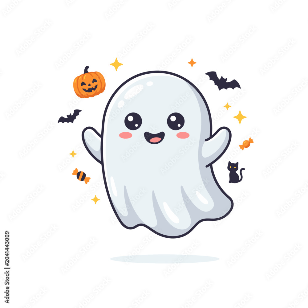 Obraz premium Cute ghost flat vector illustration, friendly floating ghost character with playful expression, isolated on white