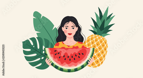 Foto A delightful summer vector illustration featuring a woman holding a slice of wat