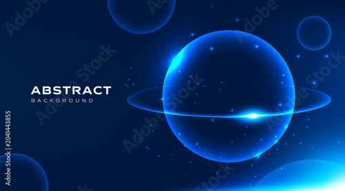 Фотография Glowing technology background with futuristic blue planet and neon light effects on dark blue space