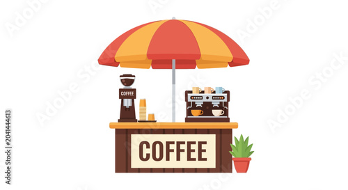 Illustrated coffee shop cart with umbrella - vector graphic