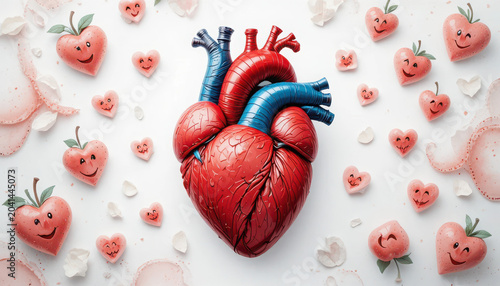 Anatomical heart model surrounded by smiling heartshaped apples and petals on a white background isolated on white background