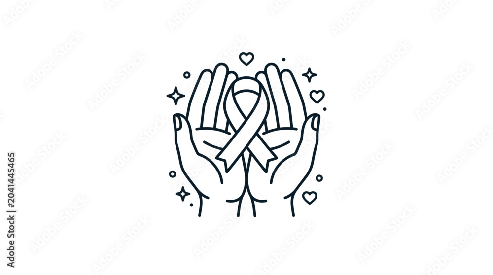 Fototapeta premium Hands Holding Awareness Ribbon with Hearts and Stars