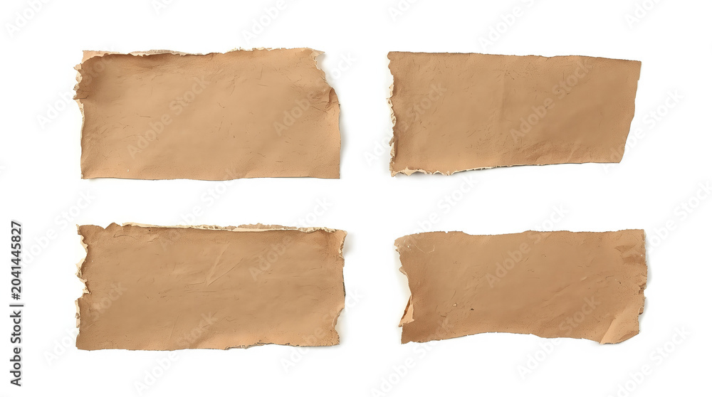 Fototapeta premium pieces of torn brown paper, each with irregular edges and a rough texture. The paper pieces vary in shape and size, with two being more rectangular and the other two having triangular and irregular 