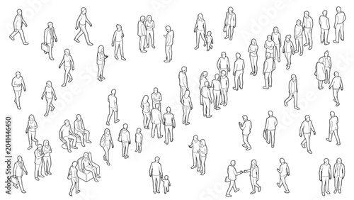 Architectural People Outline Vector Set Featuring Diverse Standing and Walking Crowd Scale Figures