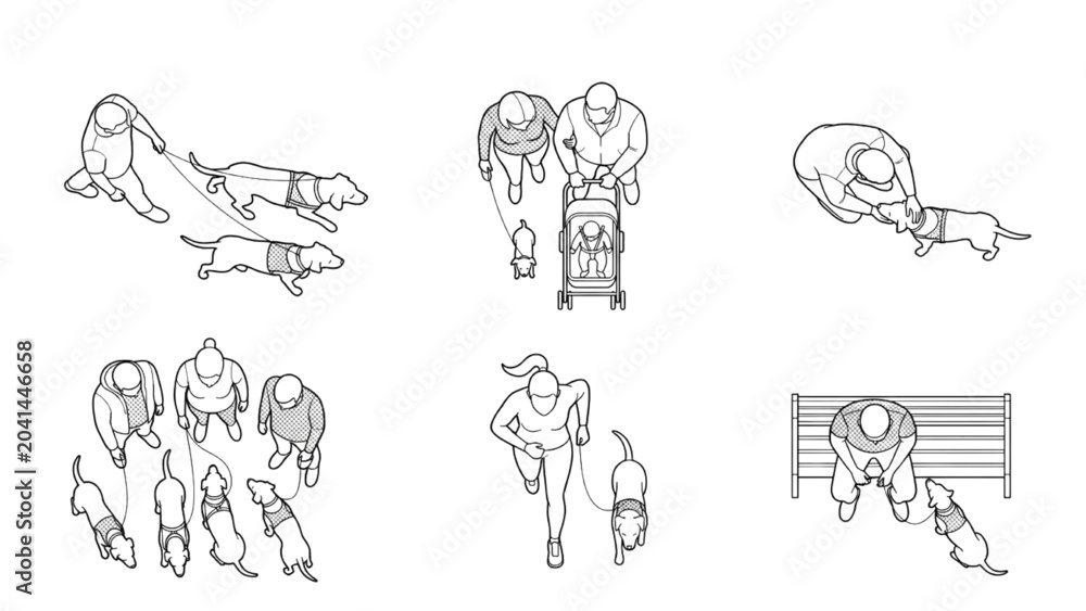 Fototapeta premium Overhead Isometric People with Dogs and Stroller Vector Pack Featuring Outline scale Figures