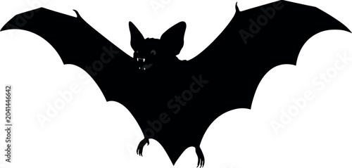 Black Bat Flying with Wide Wings on White Background