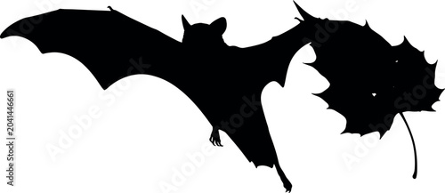 Flying Bat Silhouette with Holly Leaf on White Background