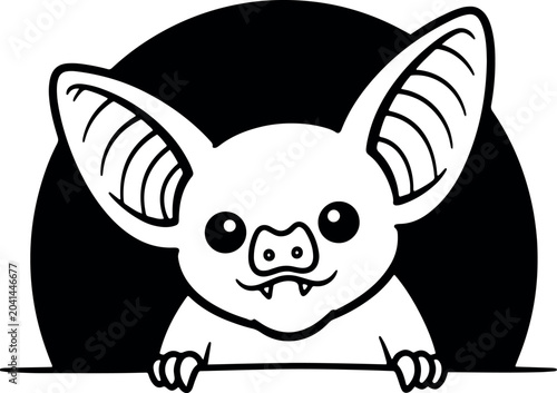 Cartoon Bat Peeking Cute Monochrome Illustration on White Background