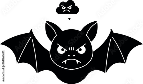 Angry Black Bat Flying With Dark Cloud Icon on White Background