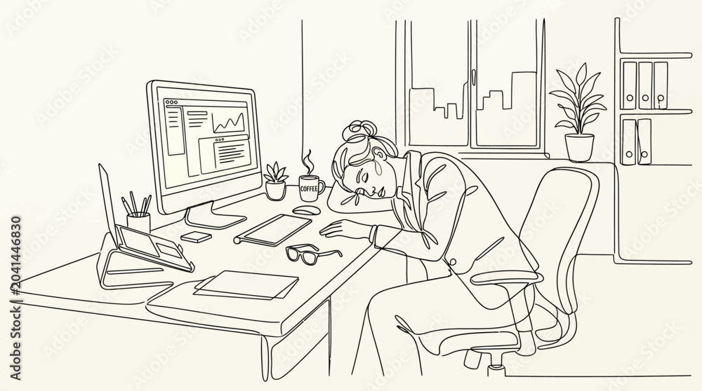 Fototapeta premium Tired businesswoman sleeping at desk, line art illustration