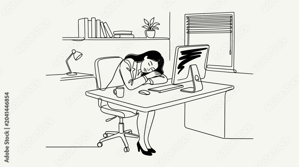 Fototapeta premium Tired businesswoman sleeping at office desk with computer - hand-drawn sketch