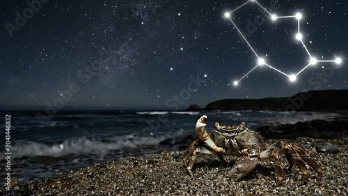 Night crab on beach milky way cancer constellation